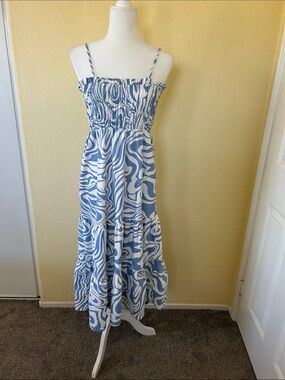 Blue and White Tiered Maxi Dress with Smocked Bodice